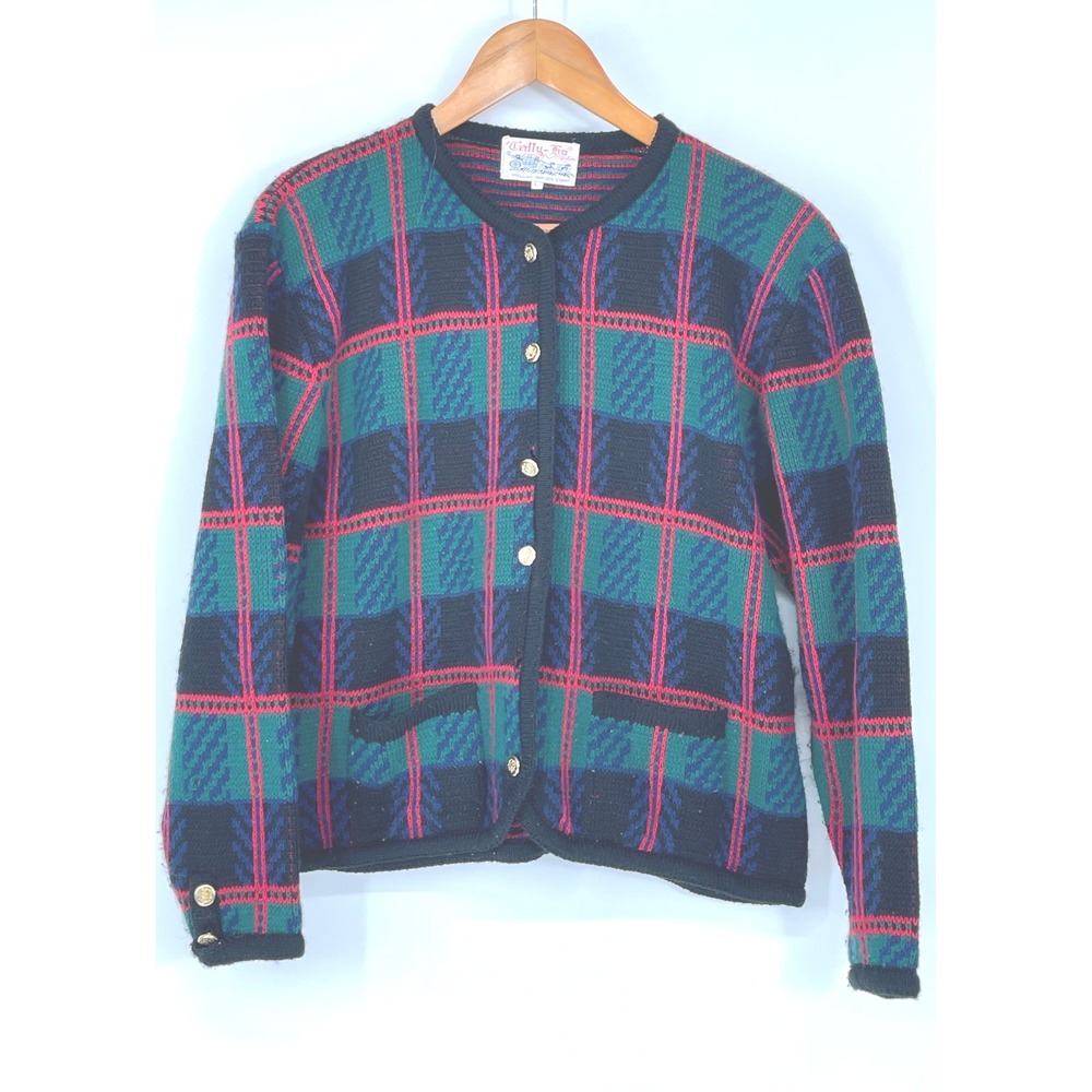 Tally-Ho Womens Cardigan L Sweater Green Plaid Gold Button Vintage‎ Read